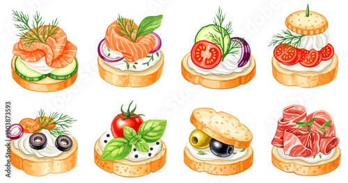 様々な具材のブルスケッタ・オープンサンドのセット（サーモン・トマト・生ハム）,イタリアン,前菜,軽食,水彩,リアル