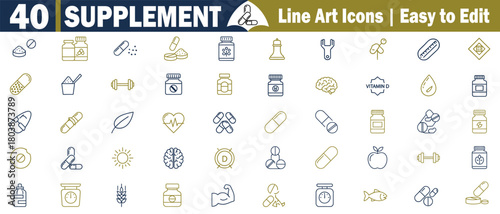 Collection of 40 Line Art Supplement Icons: Vitamins, Minerals, Health Boosters, Nutrient Pills, Dietary Support, and Wellness Enhancers in Vector Format.