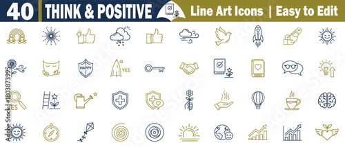 Positivity Symbols Collection Forty Line Art Icons for Optimism, Success, and Well Being Editable Vector Graphics Set.