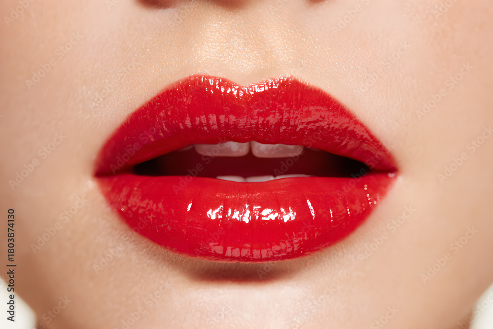 Fototapeta premium A close-up, of a woman’s lips wearing bright red lipstick, perfectly smooth and glossy