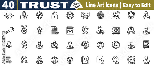 Trust Line Art Icon Set Vector Security Assurance, Reliability, Promise, Confidence, Honesty Integrity, Partnership, Agreement, Safety, Commitment, Credibility, Support, Solution, Protection and more.