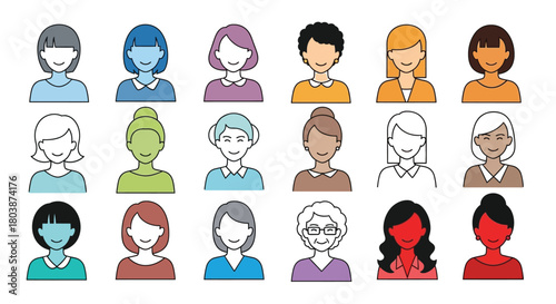 Diverse women faces smiling icons for avatars or profile collection set