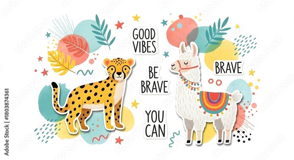 Obraz premium Cheetah and Llama Illustration with Positive Affirmations for Motivation and Well-being