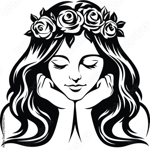 Woman with long hair and a flower crown rests her face in hands