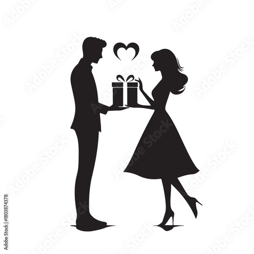 Couple exchanging a gift silhouette