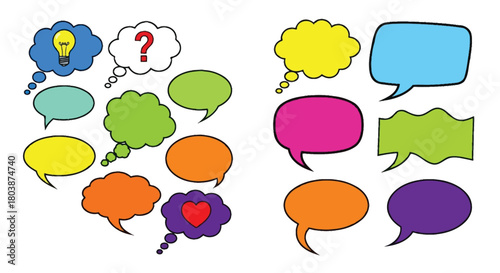 Colorful speech bubbles promote sharing ideas and creative thinking