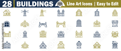 Building Icon Set Vector Illustration with Line Art of Architecture Elements of Historic Castle House, and Monument Structure with Design concept. 
