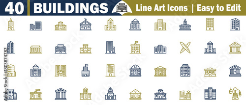 Building Icon Set Vector Illustration with Line Art Style of Modern Architecture, Skyscraper, Tower, Courthouse, and Urban Cityscape Elements for Design elements. 