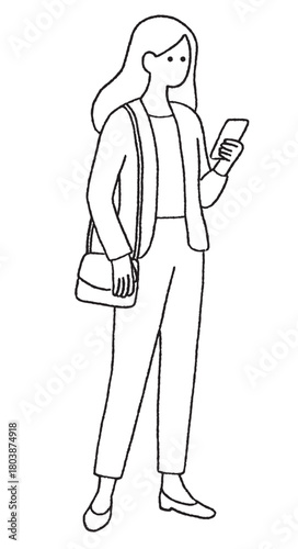 スマートフォンをチェックする女性の線画イラスト｜お出かけ・情報収集・移動中の様子