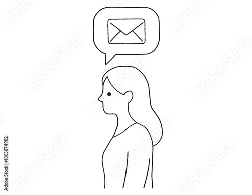 メッセージ通知を確認する女性の線画イラスト｜メール・お知らせ・連絡イメージ