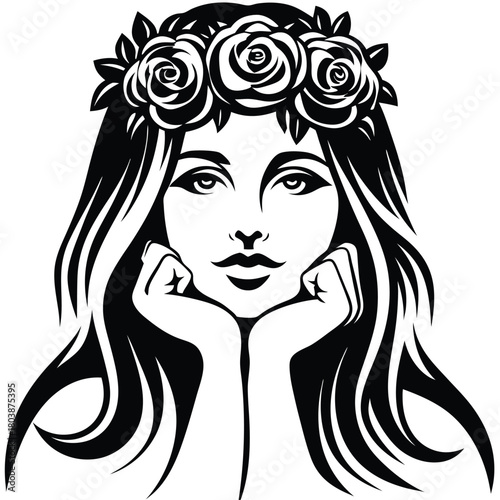 Young woman with a rose flower crown rests her chin on her hands