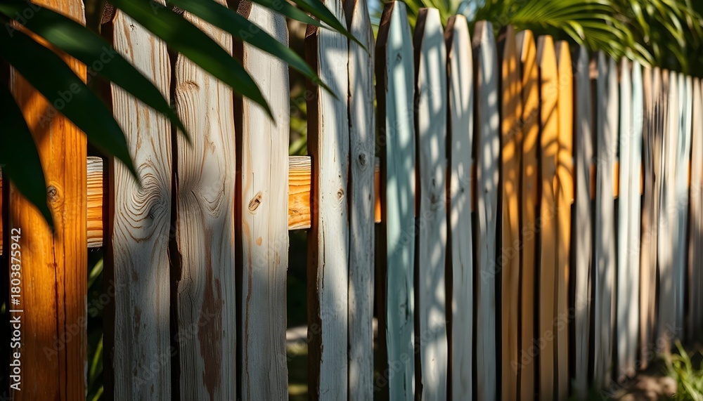 Obraz premium Old wooden fence background with shadows and soft sunlight.