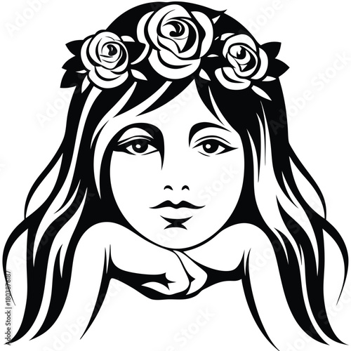 Young woman with flower crown rests chin in hands in black and white