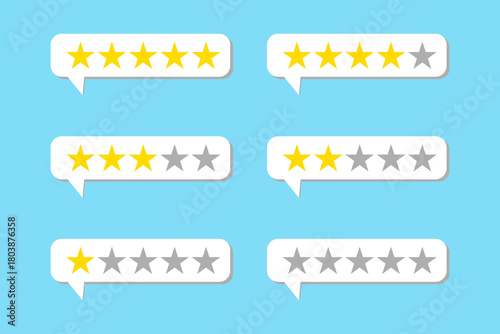 Speech bubble with rating five stars for best excellent services feedback, Stars rating and review icon, One to five star rating icon, review icon set, Customer feedback concept. Flat vector design