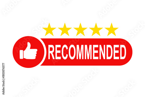 Recommended text with thumbs up with 5 star symbol, Best choice badge for positive feedback. Editable flat style vector design isolated on white background.