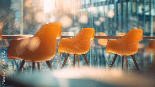 Modern workspace with empty orange office chairs and tables, Morning light bokeh, reflecting urban business teamwork, innovation, and productivity. High quality