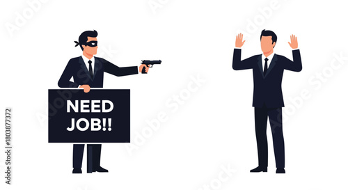 Unemployed robber demands job with gun pointing at scared businessman