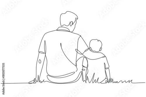 A father and son sit together, with the father's arm around the son's shoulder, depicted in a minimalist continuous line drawing style.