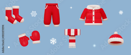 3d red socks,down jacket,striped scarf, mittens, hat, warm pants icon. Winter clothing. Stock vector illustration on isolated background.