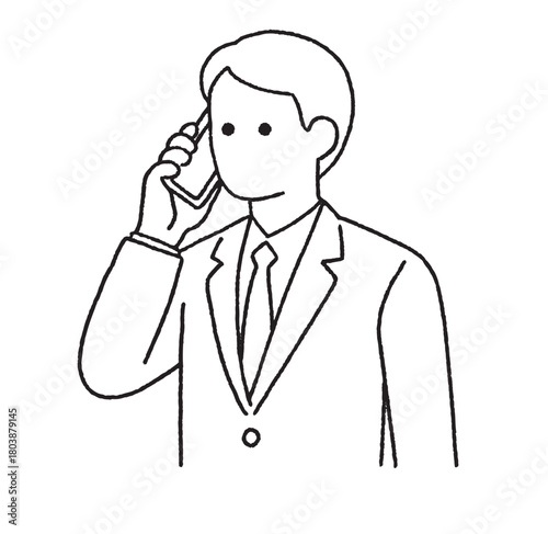 電話をしているビジネスマンの線画イラスト｜連絡・業務対応・ビジネスシーン