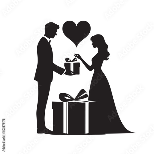 Couple exchanging a gift silhouette