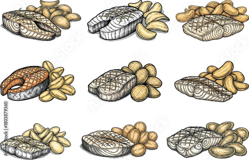 Engraved fish and chips icon set in vintage seafood illustration style with detailed fillet and potato pieces