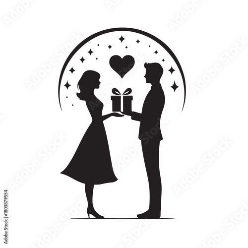 Couple exchanging a gift silhouette