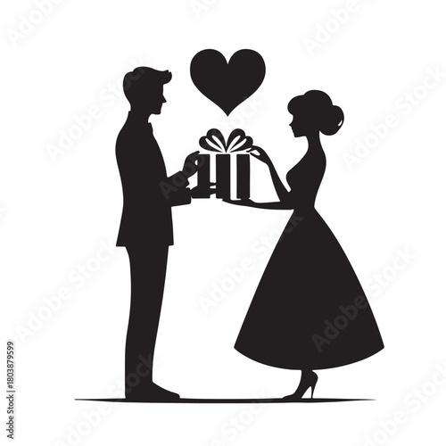 Couple exchanging a gift silhouette