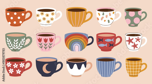 Ceramic Coffee Cups and Tea Mugs with Scandinavian and Floral Elements – Decorative Kitchen Tableware Collection Featuring Porcelain Drinkware for Home or Café Pottery in a Detailed Vector Illustratio