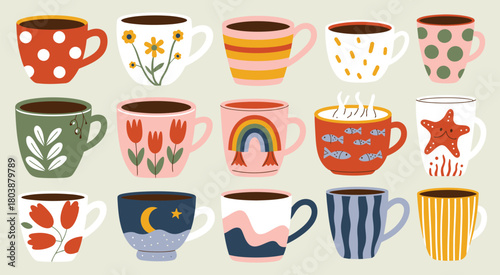 Ceramic Coffee Cups and Tea Mugs with Scandinavian and Floral Elements – Decorative Kitchen Tableware Collection Featuring Porcelain Drinkware for Home or Café Pottery in a Detailed Vector Illustratio