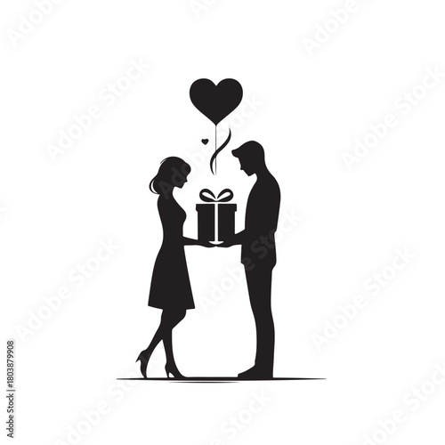 Couple exchanging a gift silhouette