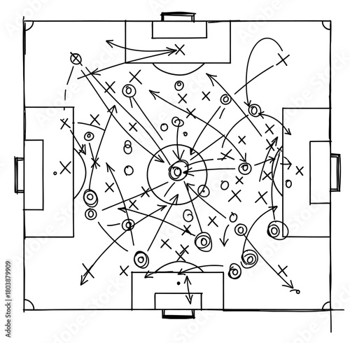 A detailed doodle map of a football/soccer pitch covered with complex arrows, Xs, and Os, representing a detailed tactical plan, coaching strategy, or complex scheme.