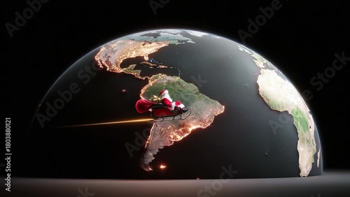 A Magical Journey Across the Globe: Santa Claus Soars Over a Glowing Earth in His Sleigh, Spreading Joy and Cheer as He Travels Through the Night Sky on Christmas Eve Visiting All Places