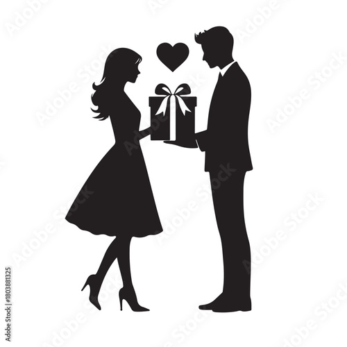 Couple exchanging a gift silhouette