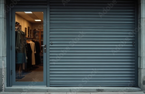 Closed shop with metal roller shutter door and glass entry. Retail store facade displays clothing racks inside. Metallic exterior presents security and business closure.