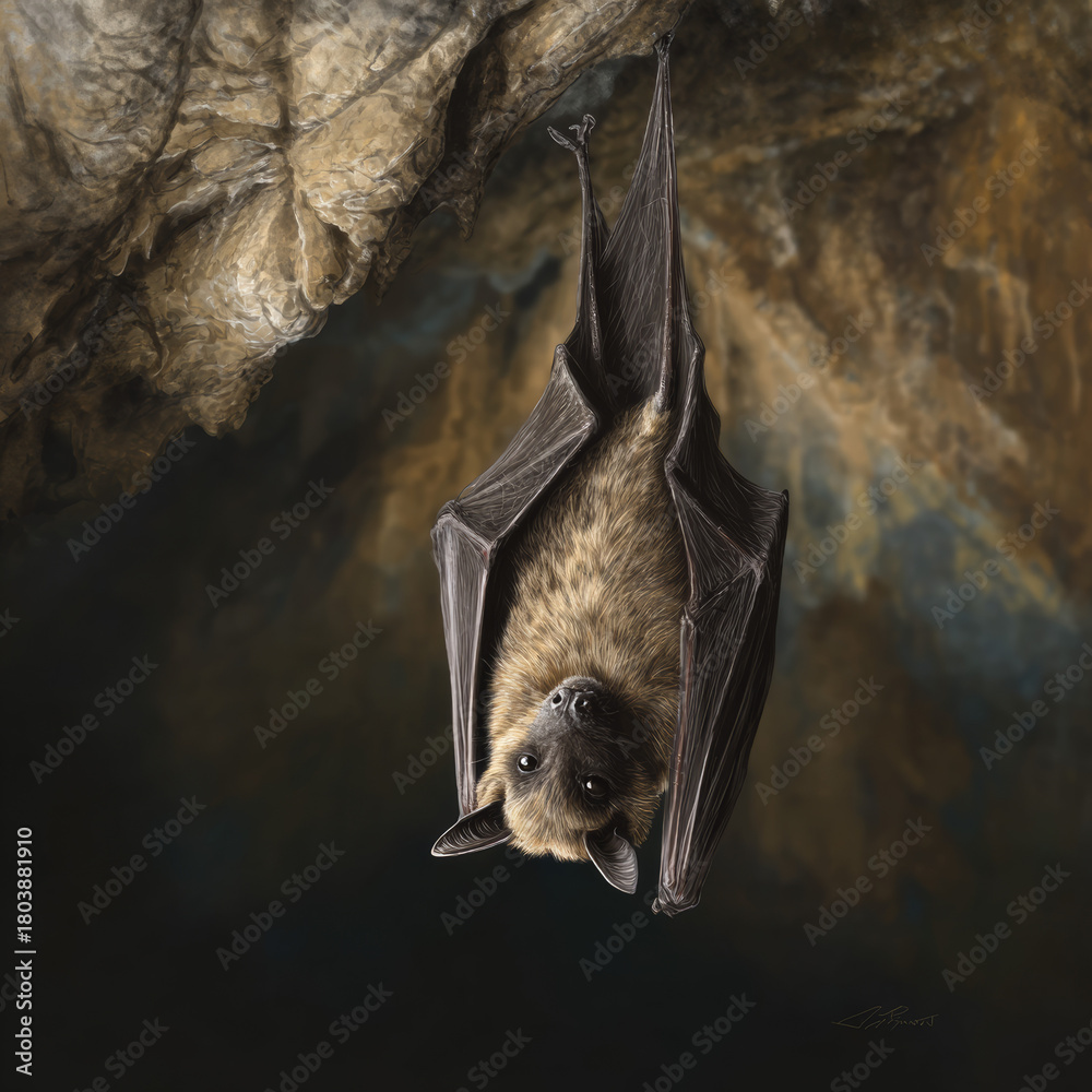 Obraz premium Bat hanging upside down in a dark cave