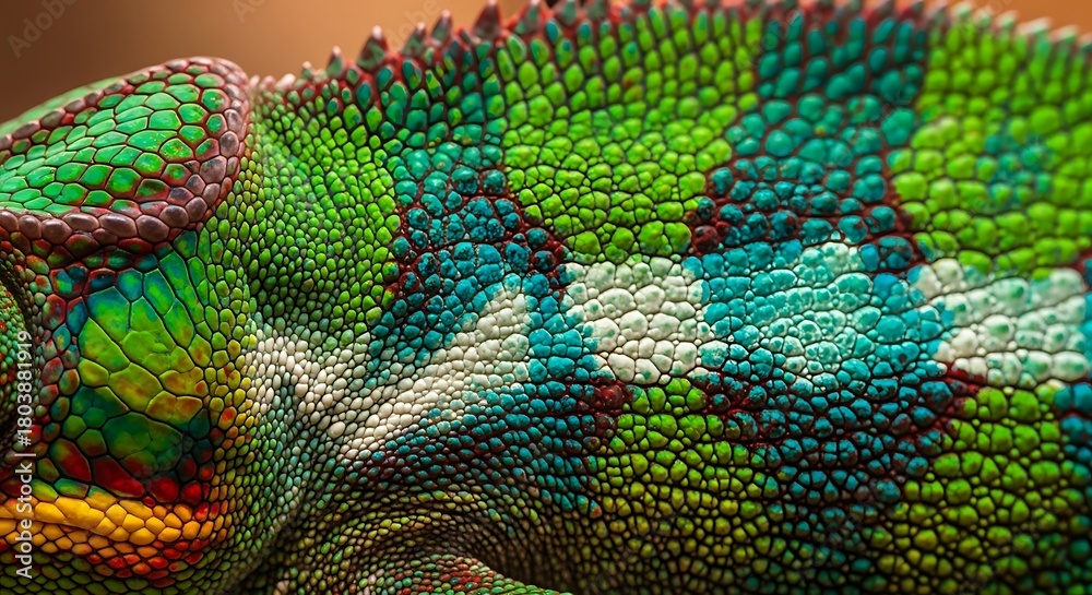 Obraz premium Vibrant Chameleon Skin Close-Up for Science, Nature Education and Biodiversity Conservation Projects. Perfect for Eye-Catching Designs and Vivid Backgrounds.