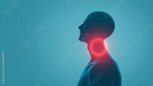 Abstract medical visualization of human neck and throat pain, illustratinman body medical HUD interface displayg discomfort and inflammation