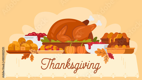 Thanksgiving feast with roasted turkey and side dishes on table