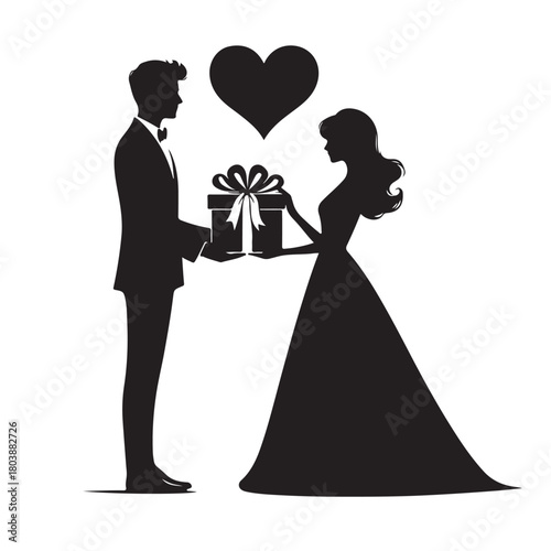 Couple exchanging a gift silhouette