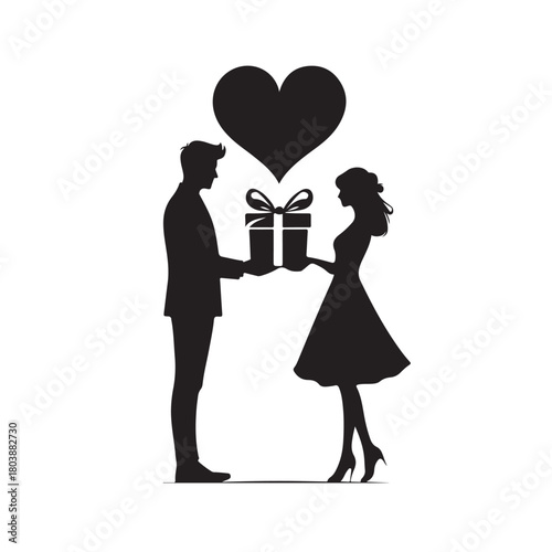Couple exchanging a gift silhouette