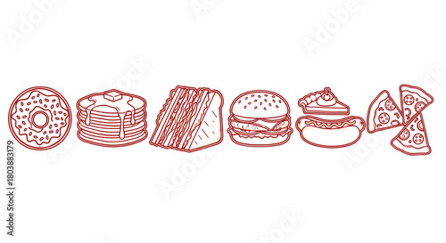 Collection of delicious fast food and dessert items in a line.