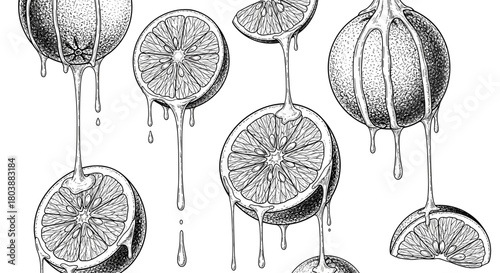 Floating oranges with juice, vintage engraving sketch, black and white vector illustration, woodcut style
