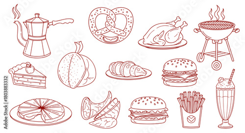 Delicious Assortment of HandDrawn Food and Drink Items.