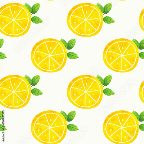 Watercolor lemon seamless pattern. Mediterranean citrus design with yellow fruits and green leaves on white background.