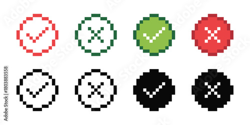 Pixel Style Checkmark and Cross Icon Set – Retro Blocky Approval and Error Symbols Designed for User Interface Elements, Minimal Digital Indicators, and Clean Vector Illustration Graphics for Web or A