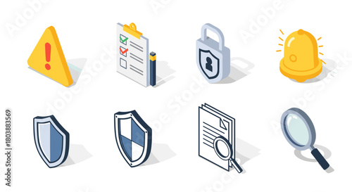 Isometric Security and Alert Icons Set for Digital Protection and Information Safety.