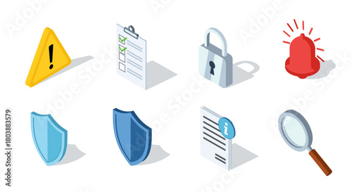 Isometric security icons representing protection and safety measures for digital data.