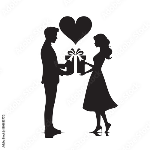 Couple exchanging a gift silhouette