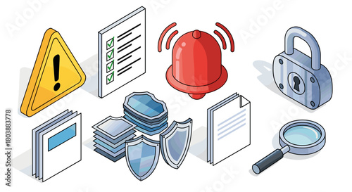 Security and protection concept with various icons and symbols.